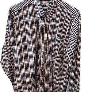 Heybo Outdoors Mens Medium Navy Orange Gingham Plaid Button‎ Down Shirt LS